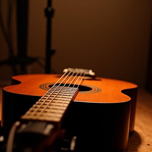 A close-up of an acoustic guitar awaiting its player on our intimate stage, bathed in soft light